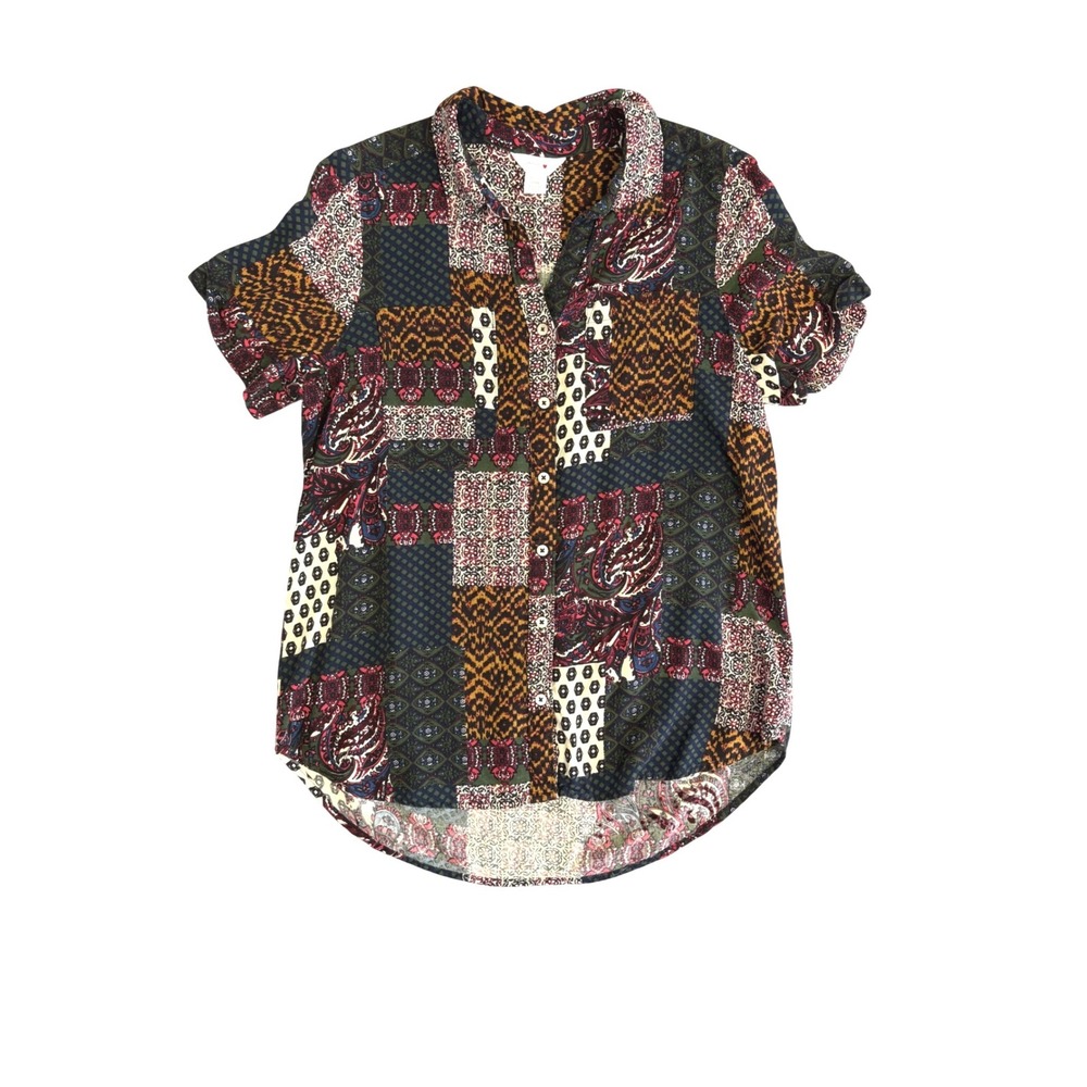 Dark Paisley & Geometric Patchwork Short Sleeve Button Up Shirt Size Medium